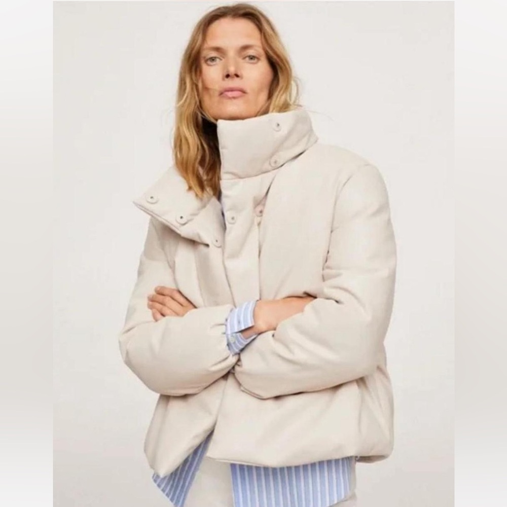 Mango Women's Beige Cream Puffer Jacket Vegan Leather - Picture 2 of 5